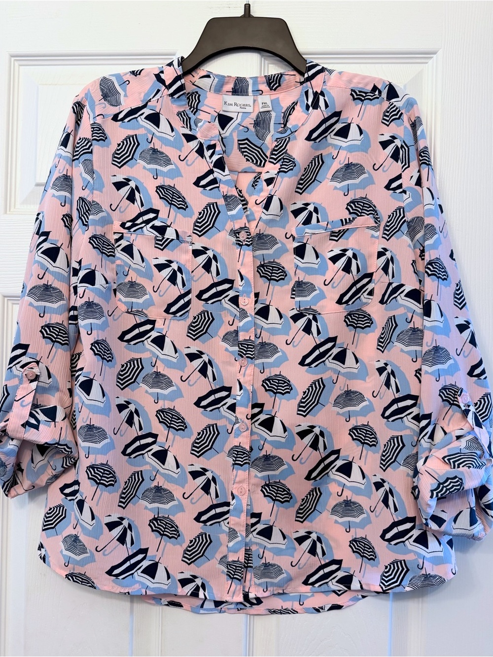 Kim Rogers Pink and Navy Umbrella-Print Button-Down Blouse